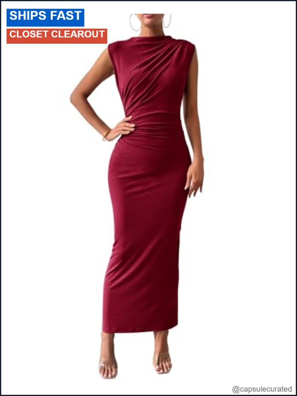 BTFBM Women Ruched Bodycon Maxi Dress High Neck Back Slit Stretch